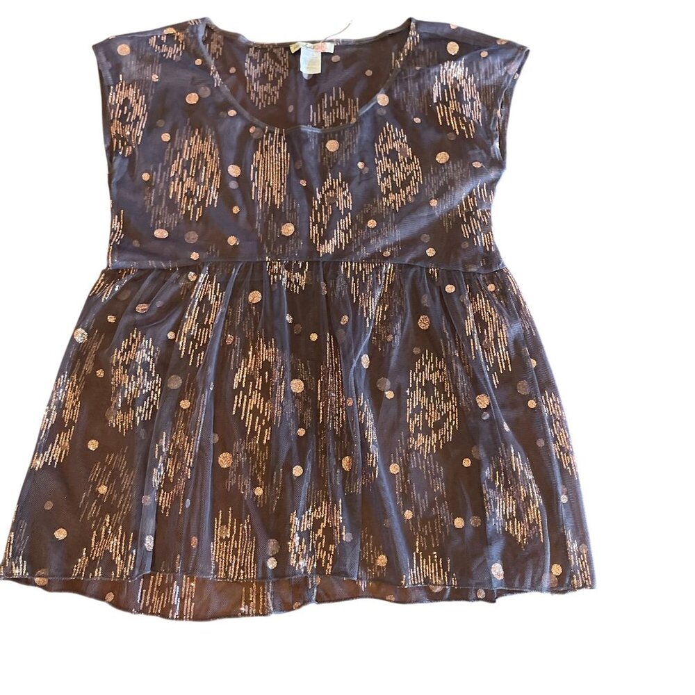 vintage Love Squared Sheer Purple Gold Metallic Polka Dot Layered‎ Top M